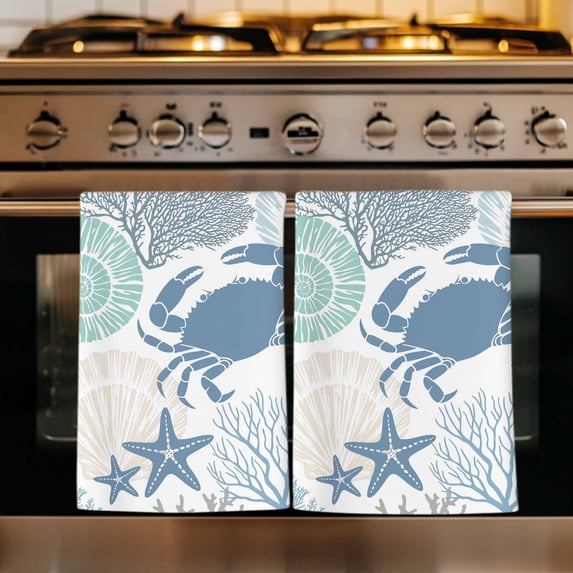 Coastal Crab Kitchen Towels Set of 3, Nautical Beach Marine Life Coral Conch Absorbent Dish Towels for Kitchen, Microfiber Hand Towel, Quick Drying Tea Towel for Cleaning Decorative Dishcloths