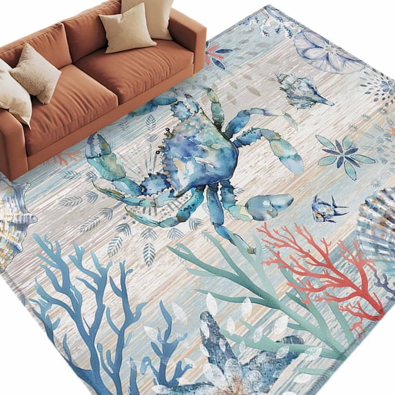 Coastal Crab Large Area Rugs for Bedroom Living Room, Soft Non Slip Carpet Bedside Rug, Nautical Beach Ocean Conch Coral Starfish Rectangular Floor Cover Kitchen Accent Rug 5'x8' for Office