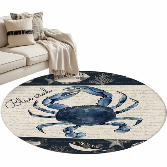 Coastal Crab Large Area Rugs for Bedroom Living Room, Soft Non Slip Carpet Bedside Rug, Nautical Ocean Beach Fish Starfish Round Floor Cover Kitchen Accent Rug 4' for Dining Room/Office