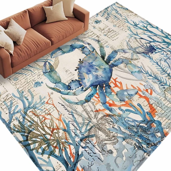 Coastal Crab Large Area Rugs for Bedroom Living Room, Soft Non Slip Carpet Bedside Rug, Vintage Summer Beach Coral Ocean Rectangular Floor Cover Kitchen Accent Rug 5'x7' for Dining Room/Office