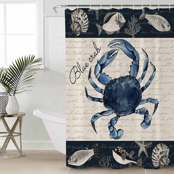 Coastal Crab Long Shower Curtain Set, Waterproof Shower Curtains for Bathroom, Nautical Ocean Beach Fish Starfish Washable Fabric Cloth Bath Curtain for Bathtub Decoration with Hooks 72x84 Inches