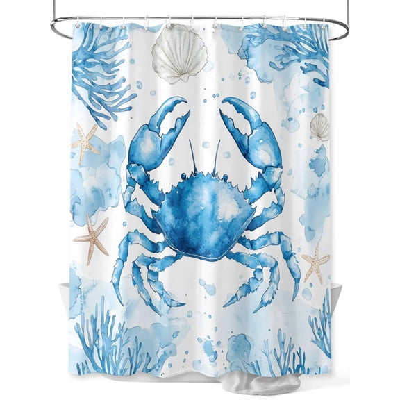 Coastal Crab Long Shower Curtain Set, Waterproof Shower Curtains for Bathroom, Summer Beach Starfish Coral Nautical Washable Fabric Cloth Bath Curtain for Bathtub Decoration with Hooks 72x84 Inches