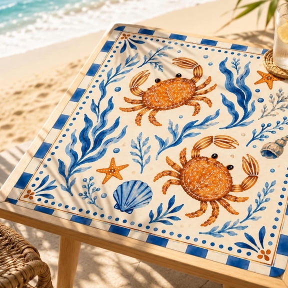 Coastal Crab Mahjong Mat, Blue Shell and Sea Life Game Mat, Beach House Mah Jongg Accessories