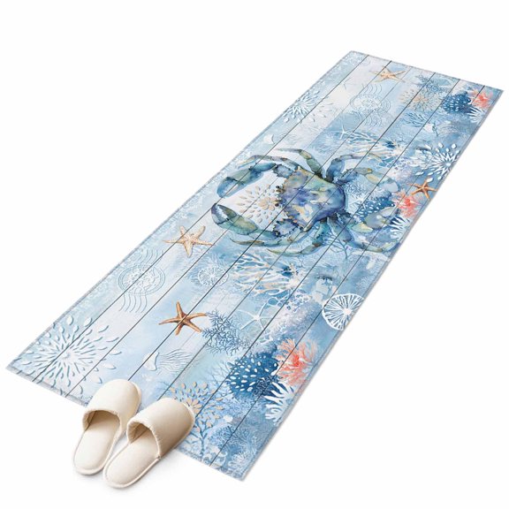 Coastal Crab Ocean Starfish Coral Non-Slip Non-Shedding Floor Mat, Farm Blue Wood Board Washable Sturdy Carpet for Living Room Bedroom Home Decor