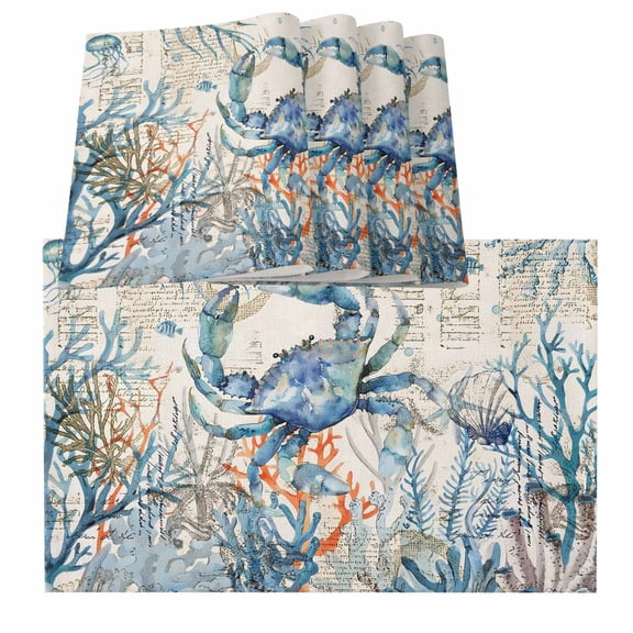 Coastal Crab Placemats for Dinning Table Set of 4, Vintage Summer Beach Coral Ocean Burlap Kitchen Place Mats Waterproof Cloth Table Mats, Indoor Outdoor Placemats Easy Clean Dinner Decor