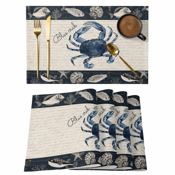 Coastal Crab Placemats Set of 2, Cotton Linen Fabric Place Mats, Nautical Ocean Beach Fish Starfish Washable Decorative Table Mats Protector for Home Kitchen Dining Wedding Party Coffee Tables