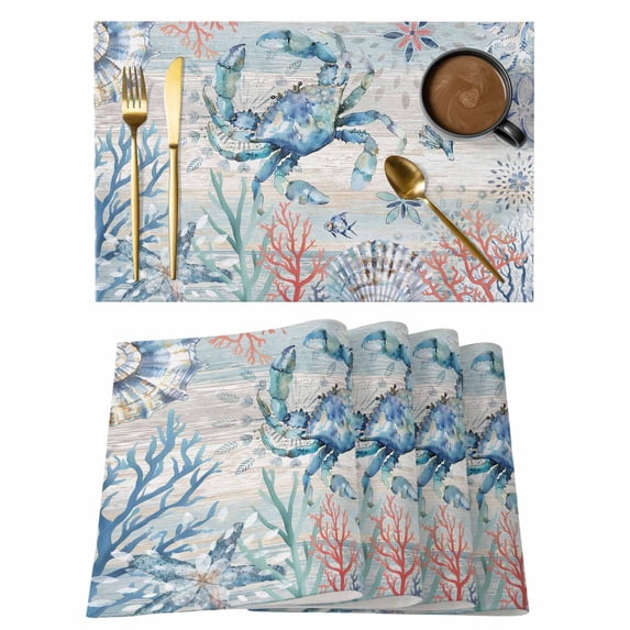Coastal Crab Placemats Set of 8, Nautical Beach Ocean Conch Coral Starfish Placemats for Dining Table, Place Mats for Kitchen Tabletop, Waterproof Wipeable Dining Table Mats Set