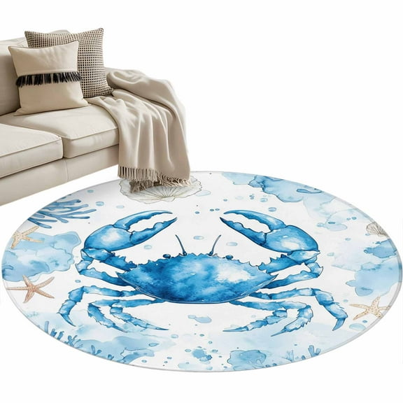 Coastal Crab Round Area Rug 3 FT, Small Kitchen Bathroom Mat, Summer Beach Starfish Coral Nautical Washable Indoor Outdoor Throw Runner Carpet Non-Shedding Doormat for Table Shower Sofa Entryway