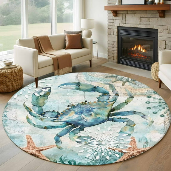 Coastal Crab Round Area Rug 7 FT, Non Slip Living Room Area Carpet, Teal Nautical Beach Starfish Vintage Washable Soft Circular Rug Non-Shedding Floor Carpet for Bedside Office Play Room Classroom