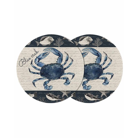 Coastal Crab Round Placemats Set of 2 for Dinning Tables,Heat-proof Braided Table Mats 13 Inch,Nautical Ocean Beach Fish Starfish Washable Place Mat for Kitchen Restaurant Party Decor Table Setting