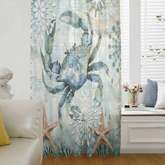 Coastal Crab Semi Sheer Curtains Drapes for Living Room, Bedroom, French Doors Window 96 Inches Long, Teal Nautical Beach Starfish Vintage Rod Pocket Chiffon Curtain Drapery Voile Draperies Panel