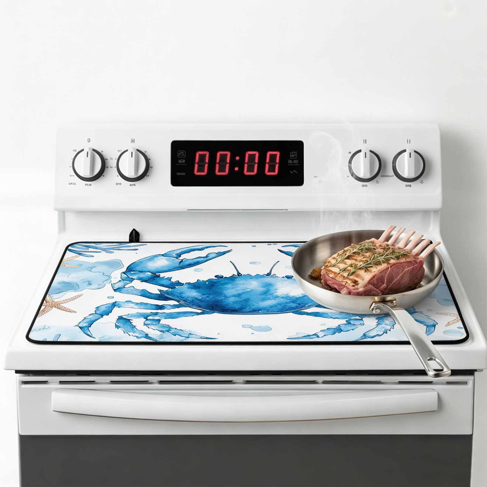 Coastal Crab Stove Top Cover for Electric Stove, Heat-proof & Non Slip Glass Top Stove Cover Protector, Summer Beach Starfish Coral Nautical Kitchen Flat Cooktop Rubber Mat 24x21 Inches