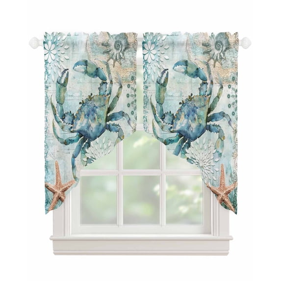 Coastal Crab Swag Valances for Windows, Teal Nautical Beach Starfish ...