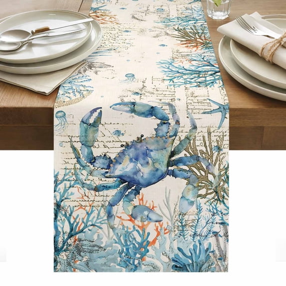 Coastal Crab Table Runner - 36 Inch Long, Kitchen Dining Table Runner Dresser Scarves, Vintage Summer Beach Coral Ocean Farmhouse Decor for Coffee Tables Wedding Party Banquet