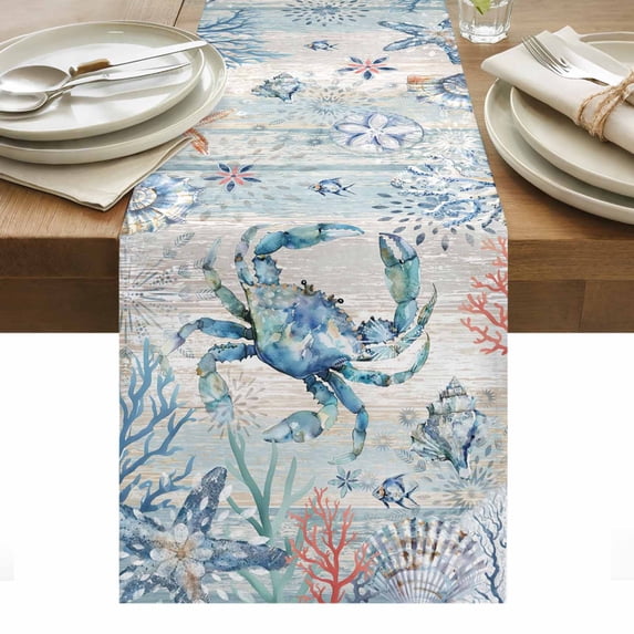 Coastal Crab Table Runner - 60 Inch Long, Kitchen Dining Table Runner Dresser Scarves, Nautical Beach Ocean Conch Coral Starfish Farmhouse Decor for Coffee Tables Wedding Party Banquet