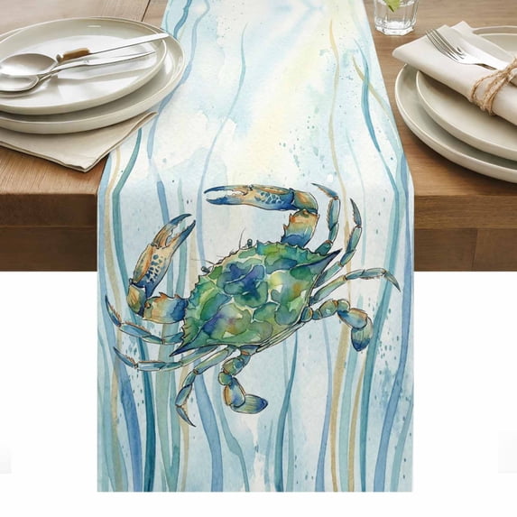 Coastal Crab Table Runner Nautical Seaweed Turquoise Marine Life ...