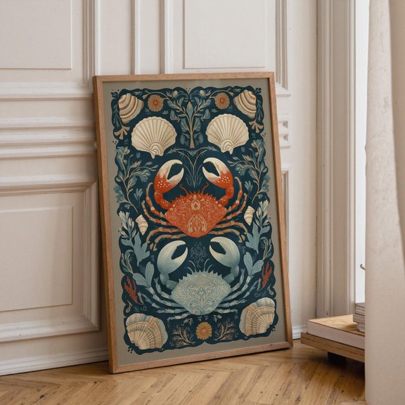 Coastal Crab Wall Art, Nautical Folk Print, Beach House Decor, Shell and Sea Life Poster Unframed Paper Print