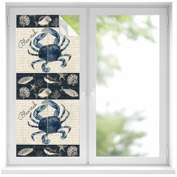 Coastal Crab Window Privacy Film, Nautical Ocean Beach Fish Starfish Static Cling UV Sun Blocking Heat Control Window Tint Day and Night, Non-Adhesive One Way Windows Privacy Cover 19.6''x39.3''