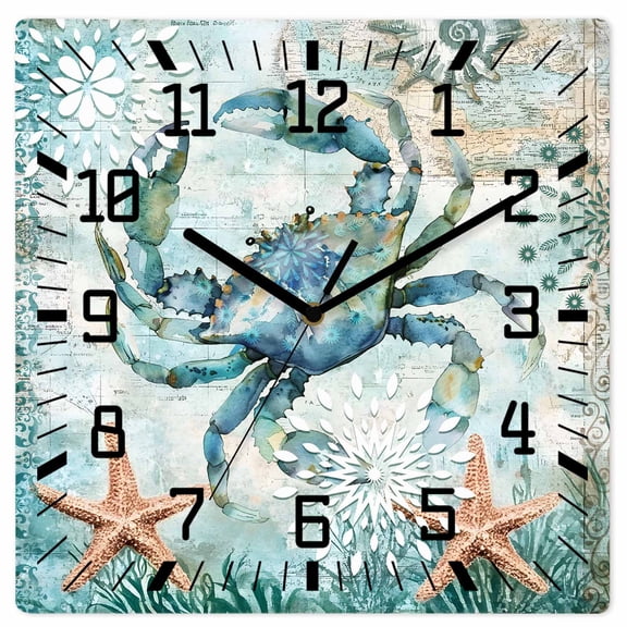 Coastal Crab Wooden Wall Clock Silent Non Ticking, Teal Nautical Beach Starfish Vintage Square Wall Clocks Battery Operated, Decor Clock for Home Office, Living Room, Kitchen, 10 Inch