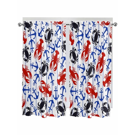 Coastal Crabs Bathroom Window Curtain, Blue Red Nautical Anchor Lobster Marine Life Light Filtering Coffee Kitchen Curtains, Bedroom Living Room Curtains 2 Panel 84"x63"