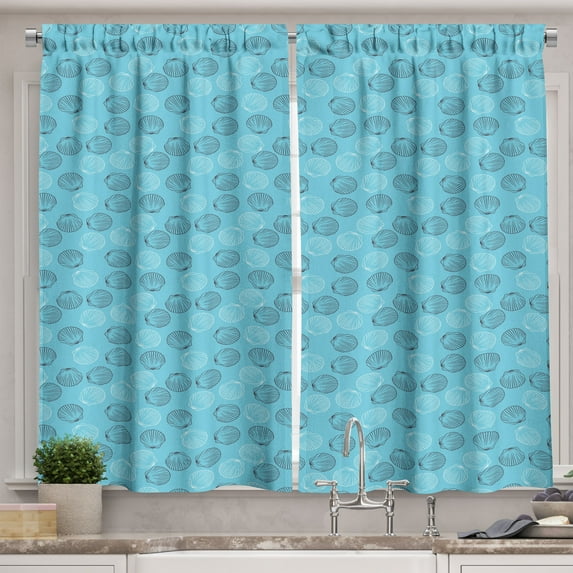 Coastal Curtains 2 Panels Set, Maritime Theme with Seashell Scallops Ocean Summer Vacation, Window Drapes for Living Room Bedroom, 55W X 39L Inches, Pale Azure Blue Black and White, by Ambesonne