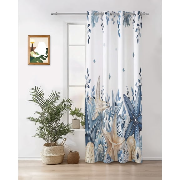 Coastal Curtains 36 inches Long for Living Room Bedroom Ocean Blue Beige Starfish Shells Eucalyptus Leaves Sliding Door Sheer Curtains Light Filtering Curtain 1 Panel Grommet Window Drape