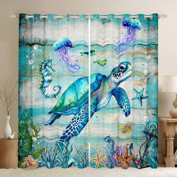 Coastal Curtains 42Wx63L,Summer Sea Turtle Jellyfish Blackout Curtains,Tropical Starfish Coral Curtains & Drapes,Farmhouse Wooden Barn Window Curtains 2 Panels for Bedroom