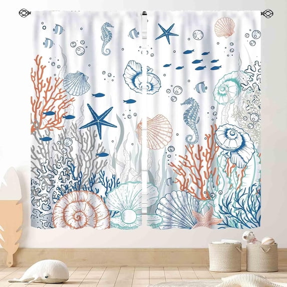 Coastal Curtains, Beach Theme Nautical Sea Turtle Starfish Seashell Seahorse Blackout Drapes for Bedroom Living Room Kids Room Bathroom Kitchen Window Treatments 2 Panel Sets, 84"x63" Inch