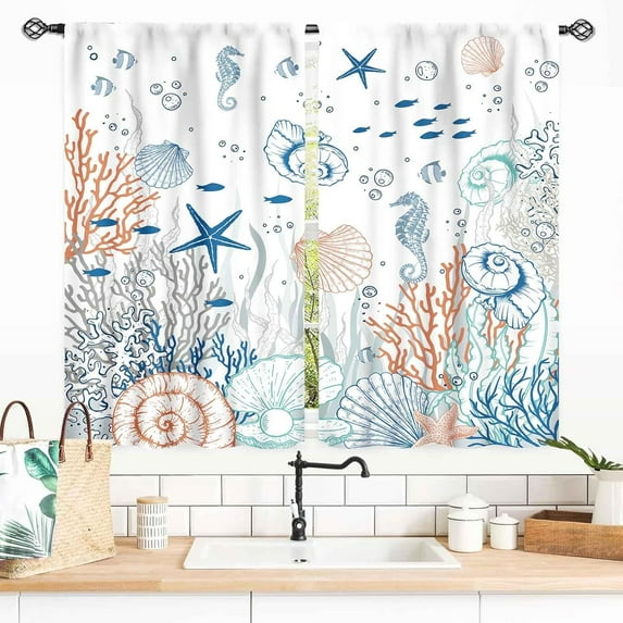 Coastal Curtains, Beach Theme Nautical Sea Turtle Starfish Seashell Seahorse Blackout Drapes for Bedroom Living Room Kids Room Bathroom Kitchen Window Treatments 2 Panel Sets, 55x39 Inch