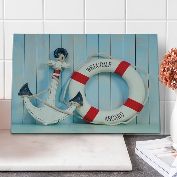 Coastal Cutting Board, Anchor Striped Siding Vertical on Shabby Boards Classic Style, Decorative Tempered Glass Cutting and Serving Board, Large Size, Red Pale Blue Navy Blue, by Ambesonne