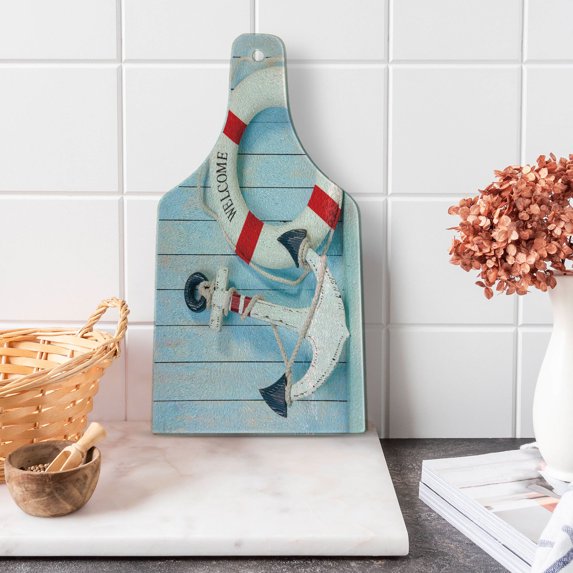 Coastal Cutting Board, Anchor Striped Siding Vertical on Shabby Boards Classic Style, Decorative Tempered Glass Cutting and Serving Board, Wine Bottle Shape, Red Pale Blue Navy Blue, by Ambesonne