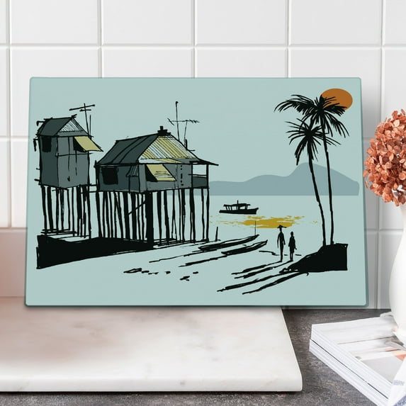 Coastal Cutting Board, Sketchy Fishing Village Malay in Singapore with Houses Canoe Palms Sun Print, Decorative Tempered Glass Cutting and Serving Board, Large Size, Black Grey Orange, by Ambesonne