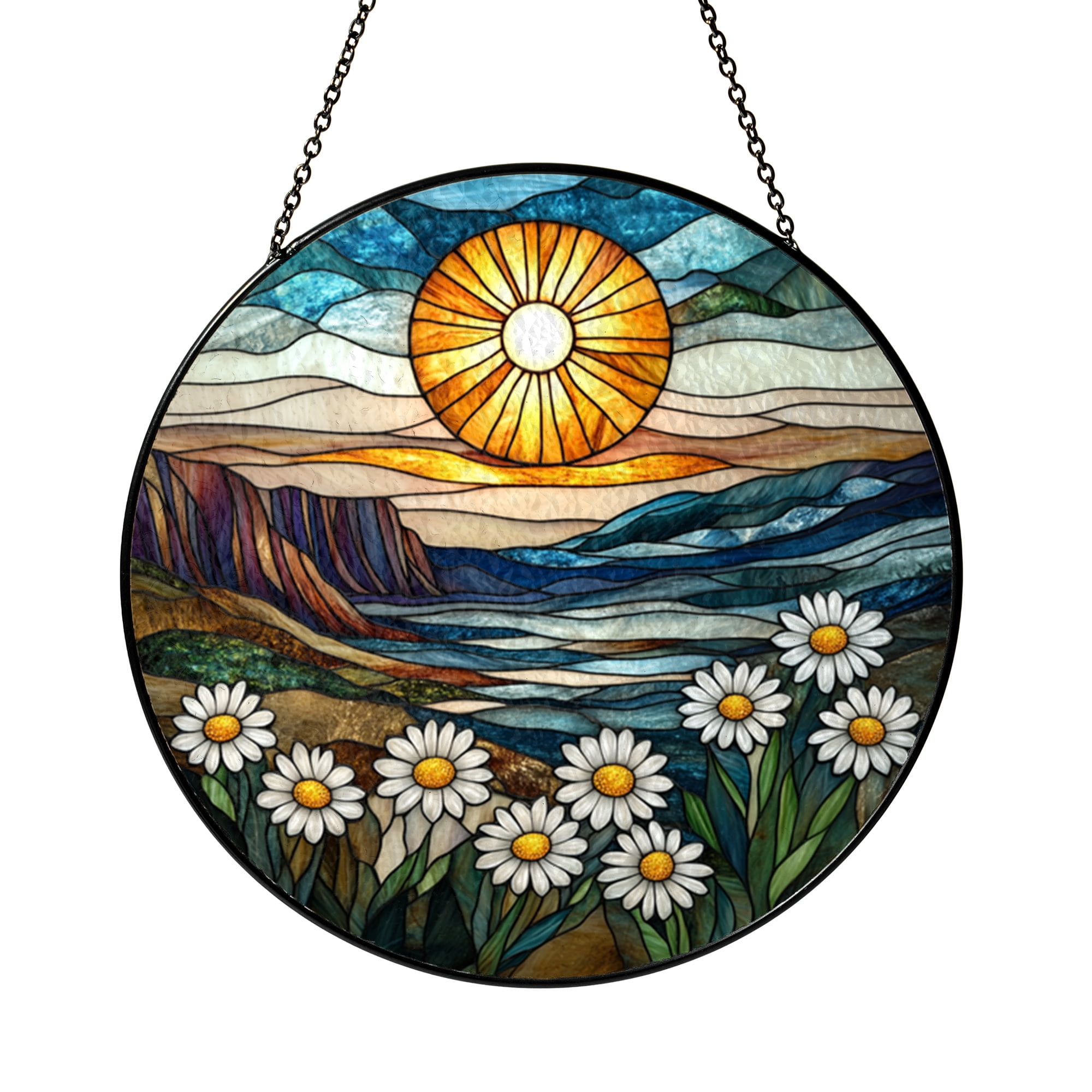 Coastal Daisy Floral Window Art – Faux Stained Glass Style