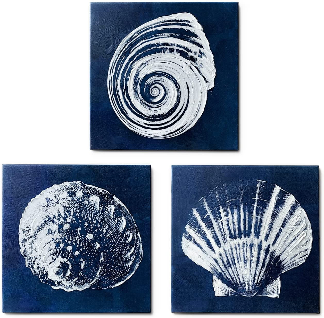 Coastal Decor Nautical Seashells Wall Art Navy Blue Seashell Canvas with Texture for Beach
