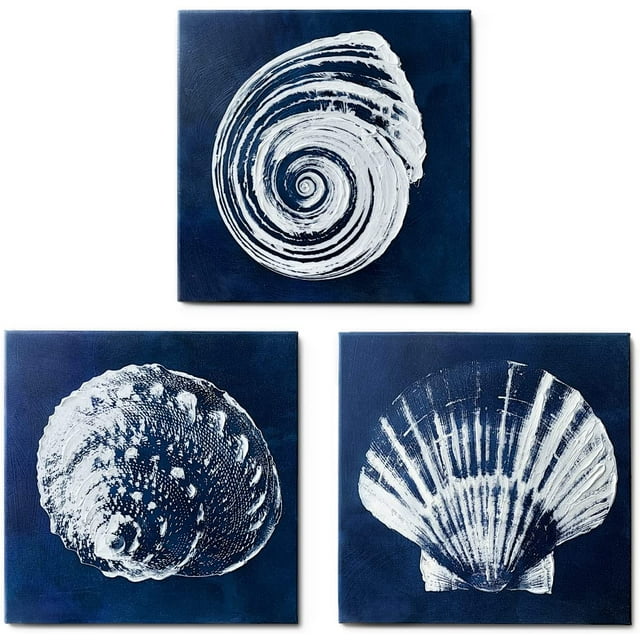 Coastal Decor Nautical Seashells Wall Art Navy Blue Seashell Canvas
