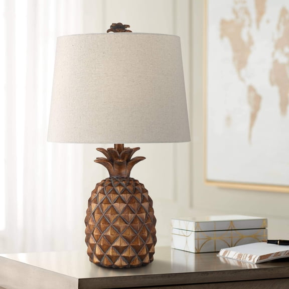 Coastal Decor Pineapple Table Lamp 23.75" Height Brown Finish Oatmeal Tapered Shade for Beach House Bedroom Nightstand Living Room Side Table,brown