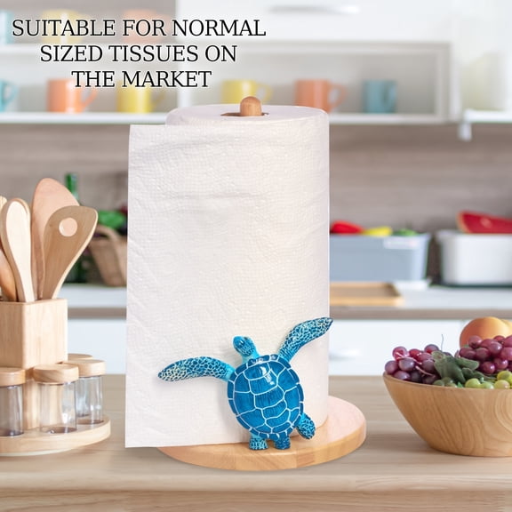Coastal Decor Sea Turtle Wooden Paper Towel Holder - Handcrafted Blue Turtle Design, Rustic Aesthetic Decor for Kitchen Countertop Bathroom Home