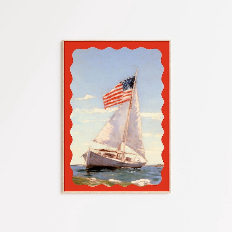 Coastal Decor Wall Art With American Flag Sailboat Painting For Coastal ...