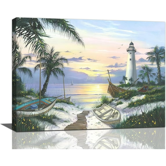 Coastal Decor Wall Art Ocean Lighthouse Pictures Wall Decor Beach Palm Tree Lighthouse Canvas Painting Prints Modern Artwork Home Decoration for Bathroom Bedroom Living Room 12"x16"