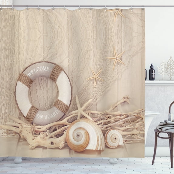 Coastal Decor Welcome On Board Buoy Wooden Sepia Fishnet, Bathroom Accessories, 69W X 70L Inches, By Ambesonne