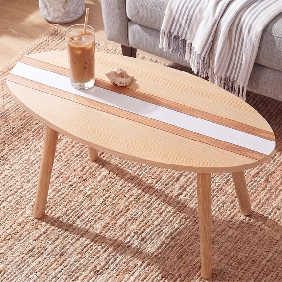 Coastal Decorative Surfboard Coffee Table, Solid Wood Small End Table 23.6 x 16.5 Inch, Stripe Overlaid Side for Living Room Bedroom Balcony Yard