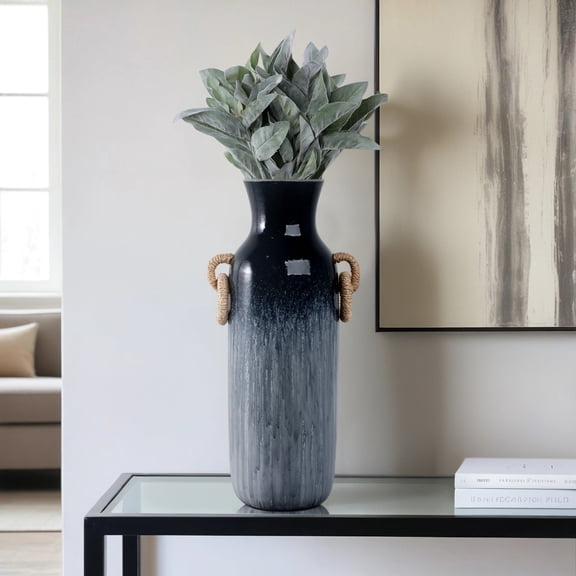 Coastal Decorative Vase with Woven Jute Handles - Pottery & Clay Floor Vase for Home, Office, Bedroom & Living Room - Elegant Design - 24" Blue