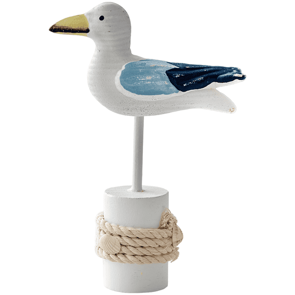 Coastal Decorative White Seagull Statue, 5.9 in / 15 cm Painted Wooden Sea Bird Figure with Rope & Shell Accents, Rustic Stump Base for Nautical Beach Ocean Home Decoration, 2.1 oz / 59 g
