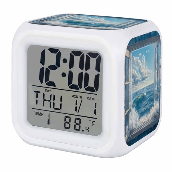 Coastal Digital Alarm Clock for Bedrooms, Smart LED Alarm Clock with 7 Color Changing Night Light, Window Nautical Beach Blue Seaside Silent Wake Up Clocks for Sleep Study Cooking 3.2"x3.2"