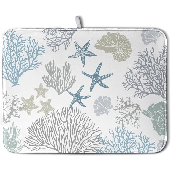 Coastal Dish Drying Mats for Kitchen Counter 18 x 24 Inch Summer Beach Drying Mat Coral Starfish Nautical Dish Rack Mat Ocean Themed Microfiber Absorbent Dish Drying Pad with Hanging Loop
