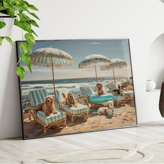Coastal Dog Beach Aqua Blue Summer Decor Cute Dogs Lounging Sea Retro Umbrella Wall Art Print