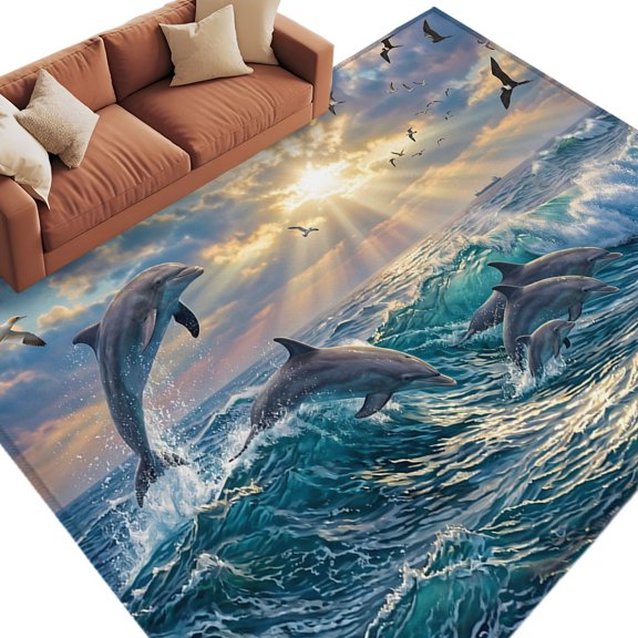Coastal Dolphin Area Rug 5x7 Washable Rug Non Slip Summer Blue Ocean Waves Seagull Sunset Large Area Rug Soft Stainresistant Indoor Floor Carpet for Living Room Bedroom Office Dining Room Nursery