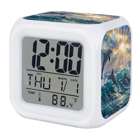 Coastal Dolphin Digital Alarm Clock for Bedrooms,Smart LED Alarm Clock with 7 Color Changing Night Light,Summer Blue Ocean Waves Seagull Sunset Silent Wake Up Clocks for Sleep Study Cooking 3.2"x3.2"