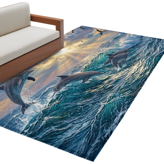 Coastal Dolphin Kitchen Runner Rug 2.7x5 Washable Runners for Hallway Non Slip Summer Blue Ocean Waves Seagull Sunset Large Area Rug Indoor Carpet for Bathroom Laundry Entryway Bedroom Living Room