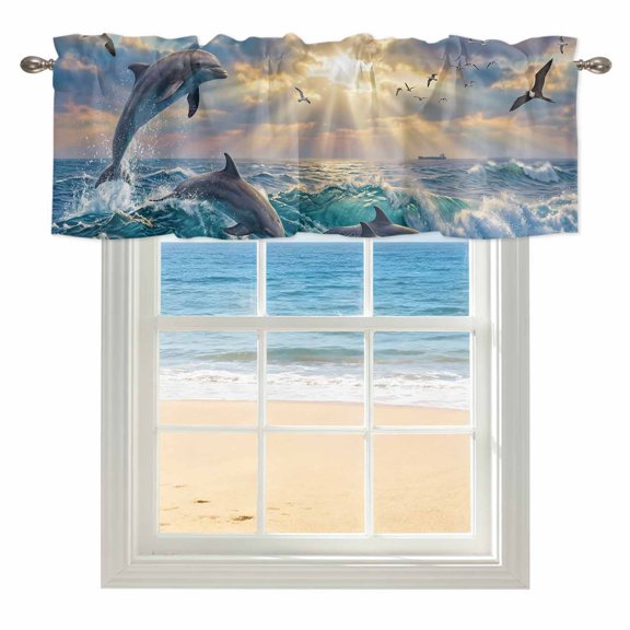 Coastal Dolphin Kitchen Valances for Windows 60x18 Inch Kitchen Curtains Valances Rod Pocket Summer Blue Ocean Waves Seagull Sunset Bathroom Window Valances for Window Treatment Decor